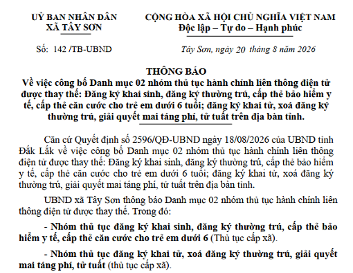Thông báo về việc công bố Danh mục 02 nhóm thủ tục hành chính liên thông điện tử được thay thế: Đăng ký khai sinh, đăng ký thường trú, cấp thẻ bảo hiểm y tế, cấp thẻ căn cước cho trẻ em dưới 6 tuổi; đăng ký khai tử, xoá đăng ký thường trú, giải quyết mai táng phí, tử tuất trên địa bàn tỉnh