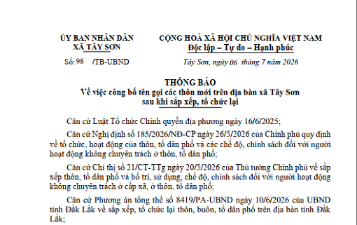 Thông báo về việc công bố tên gọi các thôn mới trên địa bàn xã Tây Sơn sau khi sắp xếp, tổ chức lại