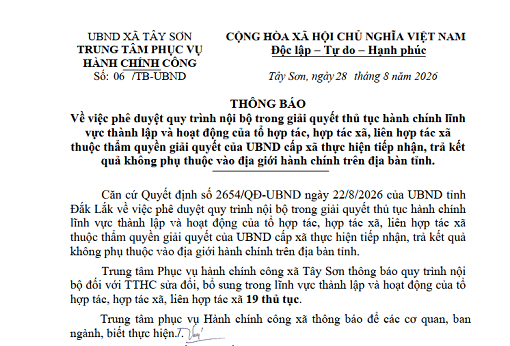 Thông báo về việc phê duyệt quy trình nội bộ trong giải quyết thủ tục hành chính lĩnh vực thành lập và hoạt động của tổ hợp tác, hợp tác xã, liên hợp tác xã thuộc thẩm quyền giải quyết của UBND cấp xã thực hiện tiếp nhận, trả kết quả không phụ thuộc vào địa giới hành chính trên địa bàn tỉnh