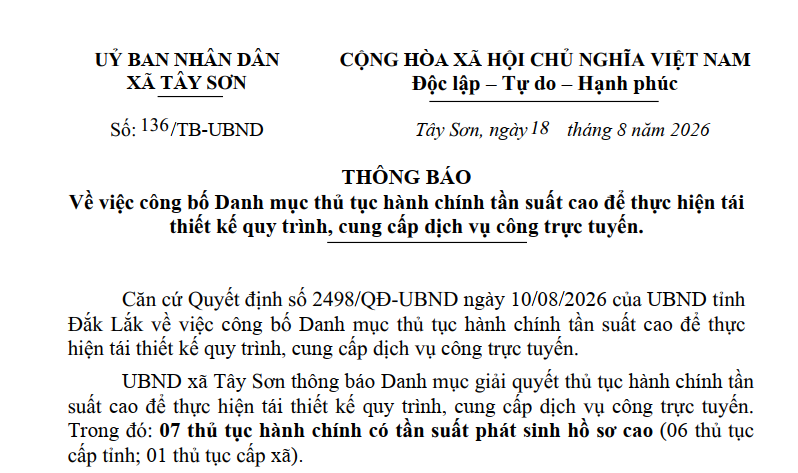 Thông báo về việc công bố Danh mục thủ tục hành chính tần suất cao để thực hiện tái thiết kế quy trình, cung cấp dịch vụ công trực tuyến