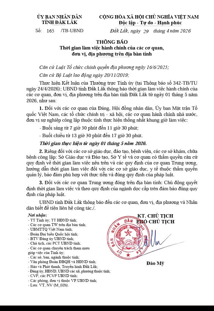 Thông báo về thời gian làm việc hành chính trên địa bàn tỉnh Đắk Lắk